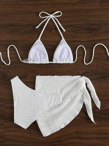 Vista 2 de SHENHE Traje de baño de 3 piezas con textura de corte alto y triángulo para mujer con salida de baño