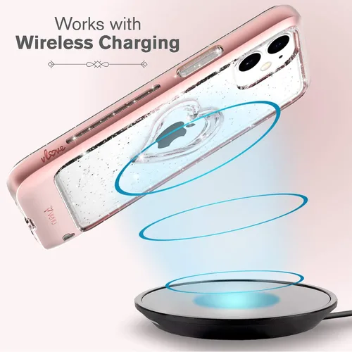 Vista 6 de VENA Funda para iPhone 12 Mini con purpurina, vLove (forma de corazón, protección de CornerGuard), funda híbrida delgada y transparente de doble