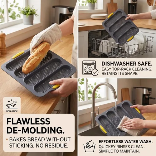 Vista 5 de Molde de pan de silicona de 4 cavidades, sartén antiadherente para pan de masa madre y sartén para pan baguette resistente al calor, moldes para pan