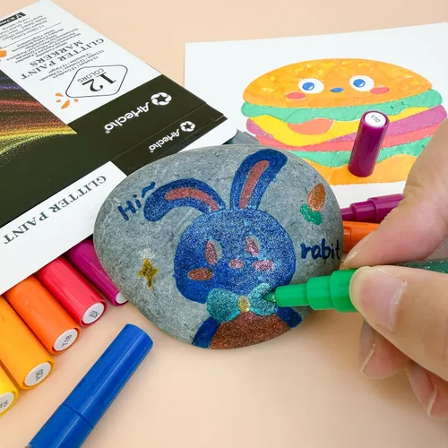 Vista 5 de Artecho Bolígrafos de pintura con purpurina, 12 colores acrílicos con purpurina con punta extra fina de 0.028 in para pintura de rocas, piedra