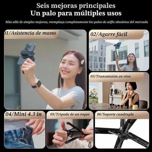 Vista 6 de Palo selfie magnético, 4 en 1 con control remoto, 4.3 pulgadas para vlogging Aluminum Alloy Rod, N52 Magnets, 10m Bluetooth Remote, 360° Rotation