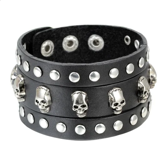 Vista 7 de Cupimatch Punk Gothic Skull Rivet Wide Leather Bracelet Cuff Adjustable 7.5"- 8.7" for Father's Day