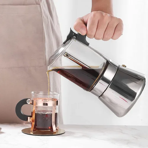 Vista 6 de Jiawu Cafetera clásica para estufa, cafetera Greca italiana y cubana de acero inoxidable, cafetera espresso superior de cristal premium, fácil