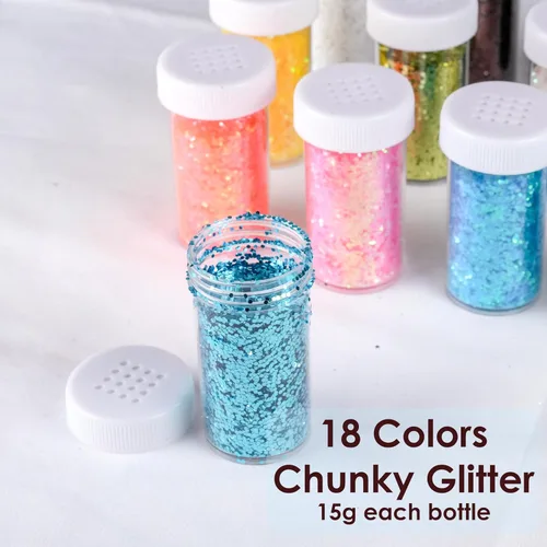 Vista 4 de Brillantina gruesa, 18 frascos de colores surtidos para manualidades, cuerpo, maquillaje y purpurina para uñas.