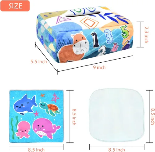 Vista 4 de Juguetes para bebés 6-12 meses, juguete de caja de pañuelos montessori para bebés 6-12 18 meses, juguetes sensoriales suaves con contraste y crujido