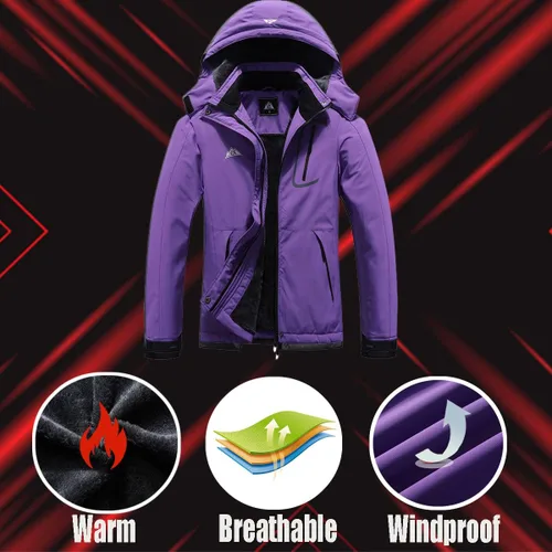 Vista 5 de Chaqueta de esquí impermeable para mujer, resistente al viento, cortavientos, abrigo de nieve cálido con capucha
