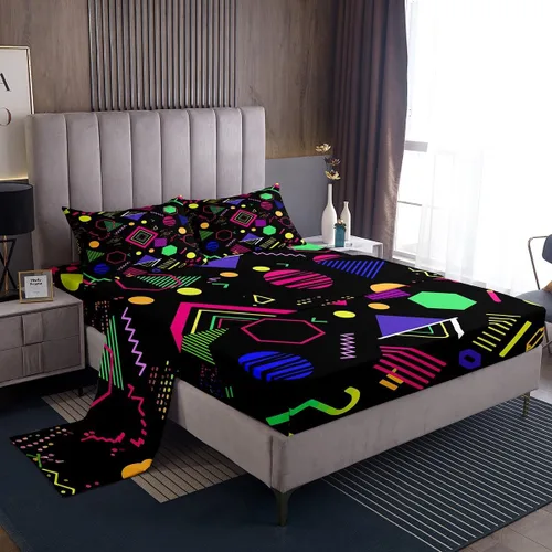 Vista 34 de Erosebridal Juego de sábanas de estilo retro de los años 80, tamaño individual, diseño geométrico abstracto, diseño moderno urbano con círculos