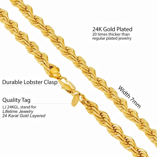 Vista 4 de LIFETIME JEWELRY Collar de cadena de cuerda de 0.276in chapado en oro real de 24 quilates para hombres y mujeres, Chapado en oro, No es una piedra