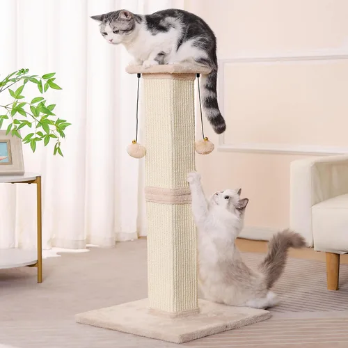 Vista 6 de Poste rascador grande para gatos con base resistente, poste rascador cuadrado resistente de sisal de 33 pulgadas y 2 bolas interactivas para colgar