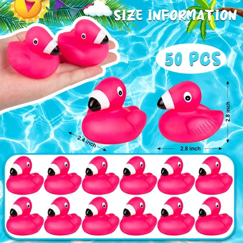 Vista 4 de Patos de goma flamencos para niños, 12 juguetes de baño de pato flamenco rosa, lindos patos de goma flotantes chirriantes para baby shower