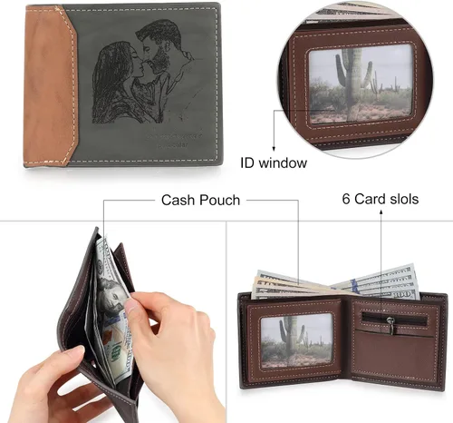 Vista 16 de Carteras personalizadas para hombres, cartera personalizada para hombre con imagen grabada y nombre, billetera delgada de cuero plegable, regalos