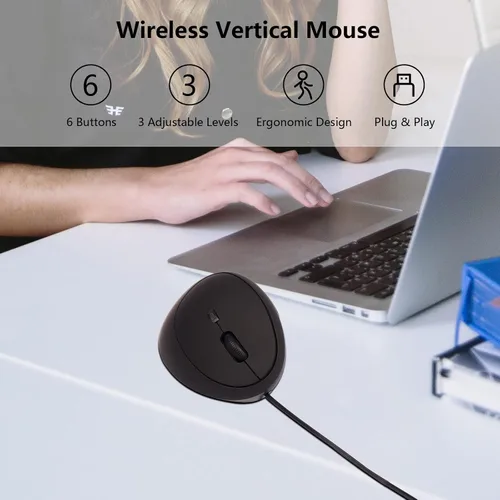 Vista 3 de Ratón óptico ergonómico vertical con cable USB para computadora, computadora portátil, PC, computadora de escritorio, Mac, oficina, escritorio