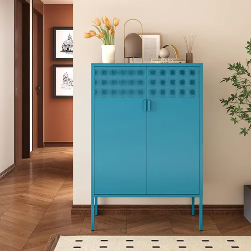 Vista 105 de Gabinete de almacenamiento de metal ancho negro, gabinete de acento de 2 puertas para el hogar y la oficina, gabinete de metal bajo de 2 niveles