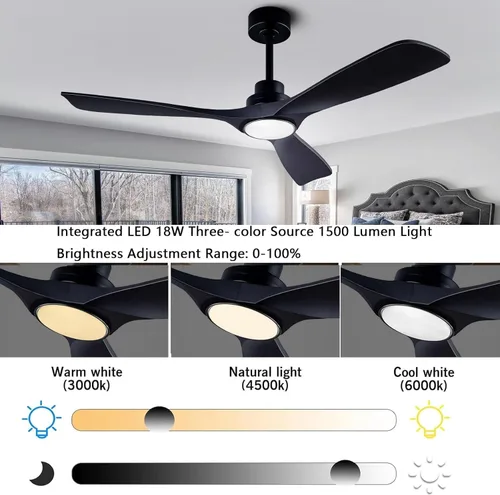 Vista 6 de 52” Silent Solid Wood Ceiling Fan Light, with 6-speed remote control, black