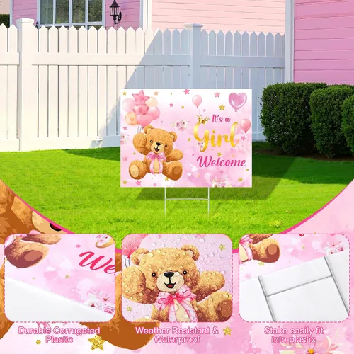 Vista 6 de Letrero de bienvenida para el patio de la niña con tema de oso lindo cartel de baby shower con estaca rosa revelación de género decoración de césped