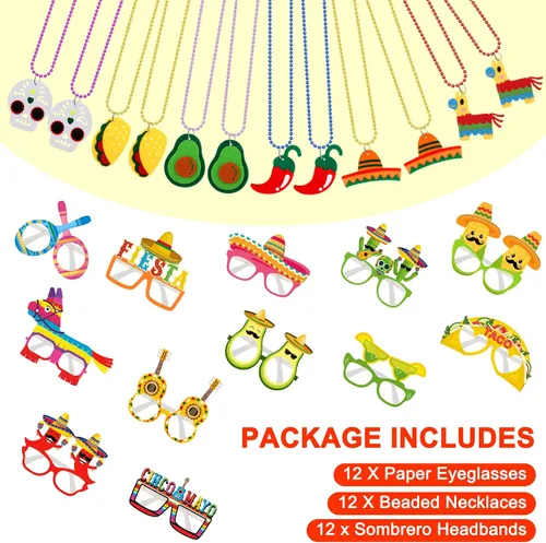 Vista 5 de Yunsailing 36 piezas de suministros de fiesta de tela con sombrero de paja, diademas y collares para fiestas mexicanas (estilo moderno)