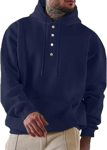 Vista 4 de Alalaso Mens Hoodies Pullover Snap Button Up Trendy Sweatshirt Fall Winter V Neck Tops Front Pocket Drawstring Warm Hoodie