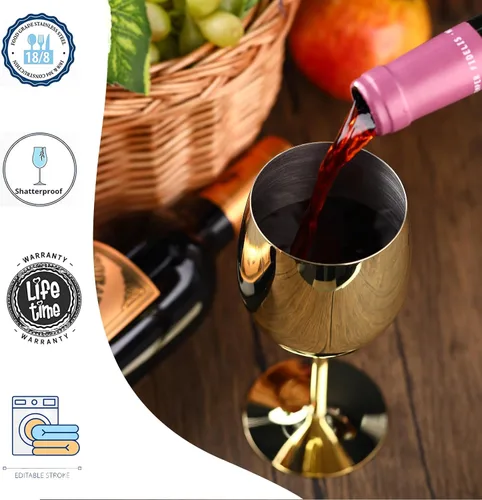 Vista 3 de Irenare Juego de 4 copas de vino de acero inoxidable doradas de 12 onzas, copas de vino de metal irrompibles y portátiles para boda, aniversario