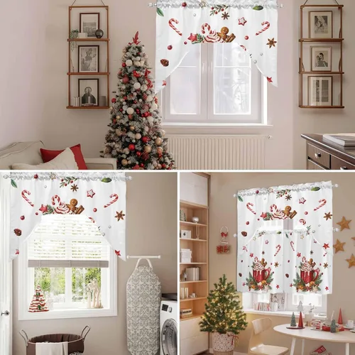 Vista 7 de Feliz Navidad, cenefa con cenefa con dobladillo para barra, paneles de cortina para dormitorio, sala de estar, baño, cafetería, ventanas, flores