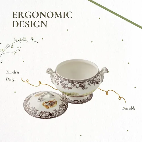 Vista 7 de Spode Sopera Woodland con motivos de conejo, codorniz y pintaleta, sopera cubierta de 4.25 cuartos de galón, hecha de loza fina, apta