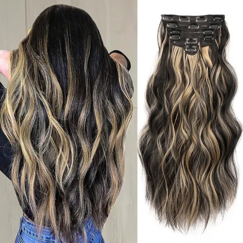 Vista 36 de NAYOO - Extensiones de cabello con clip, extensiones sintéticas onduladas de 20 pulgadas, 6 unidades Wavy Curly Hair, Full Head Coverage, Heat