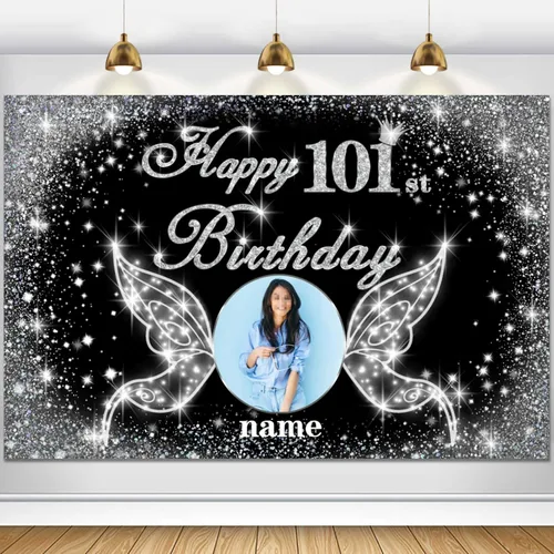 Vista 77 de Cartel personalizado de decoración de fiesta de cumpleaños número 100 - tema de alas de ángel - negro y plateado HY-NLK-100º