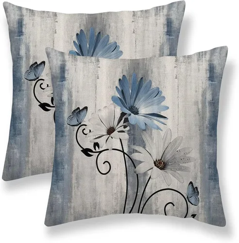 Vista 8 de Juego de 2 fundas de almohada florales de color salvia de 16 x 16 pulgadas, fundas de almohada decorativas con flores de margarita y mariposas