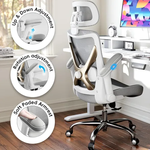 Vista 4 de Ergalithic Silla de Oficina para Casa Ergonómica de Escritorio - Silla de Computadora en Forma de X de Malla con Cuero de PU, Soporte Lumbar Gris