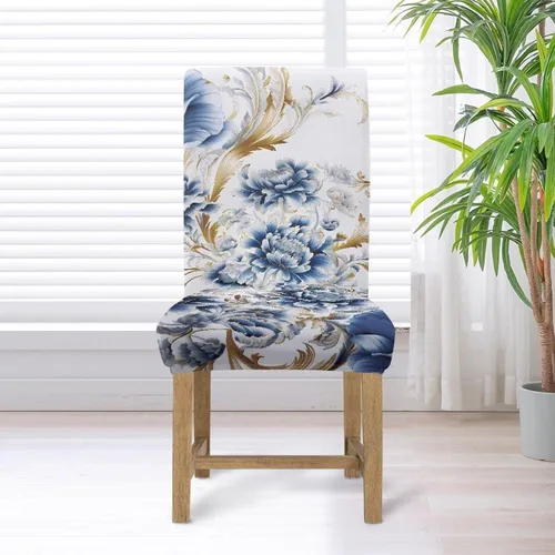 Vista 6 de Rnyleeg Juego de 1 fundas de asiento de comedor con estampado de flores azules para sillas de comedor, fundas protectoras suaves y lavables