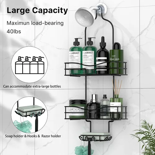 Vista 3 de DAOYA Organizador de Ducha para Baño Colgante - Organizador de 3 Niveles con Soporte para Jabón y 6 Ganchos para Toallas, Esponja; Compatible