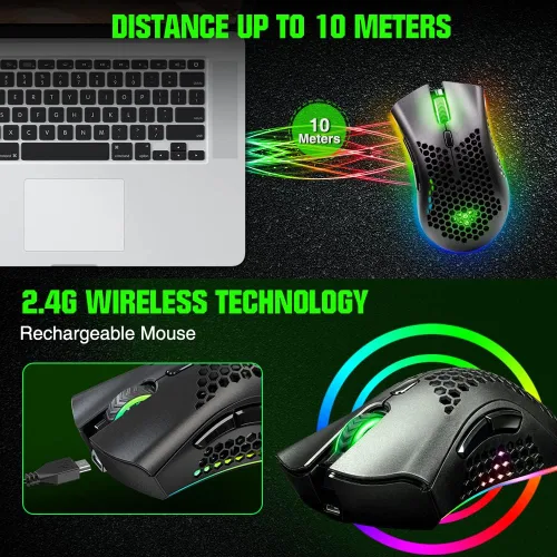 Vista 3 de BENGOO Mouse inalámbrico para juegos, mouse de computadora USB inalámbrico con 6 botones programados, 3 retroiluminación DPI RGB ajustables
