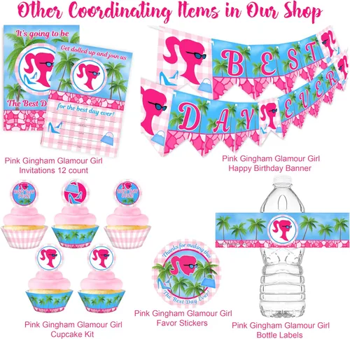 Vista 3 de Pink Gingham Glamour Girl Party - 20 etiquetas para botellas de agua