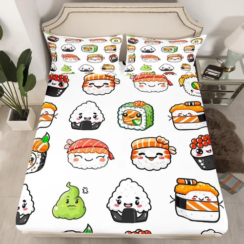 Vista 3 de Juego de ropa de cama con patrón de sushi tamaño twin, lindo juego de cama para niñas adolescentes, decoración de dormitorio, niños, estilo japonés