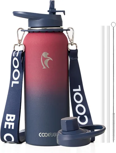 Vista 15 de Botella de agua Coolflask de 40 onzas con correa, botella de agua metálica aislada con popote y tapas con pico, acero inoxidable de doble pared al