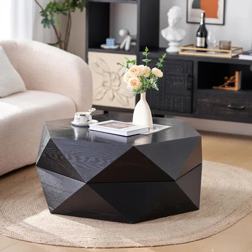 Vista 8 de Mesa de centro de almacenamiento de 36.61 pulgadas, moderna mesa de centro de madera rústica con chapa de madera maciza, mesa de té grande y única