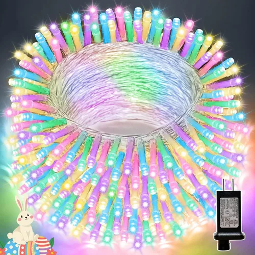 Vista 16 de Guirnalda de 100 luces LED de Pascua de 33 pies enchufables, multicolor pastel, 16 modos de luces parpadeantes, guirnalda de luces impermeables