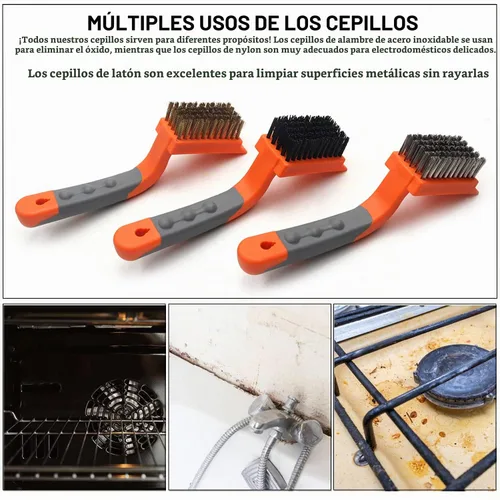 Vista 4 de MAXMAN Juego de 3 cepillos de alambre de latón/acero inoxidable/nailon para limpiar cerdas de óxido con mango curvado de goma, utilizado