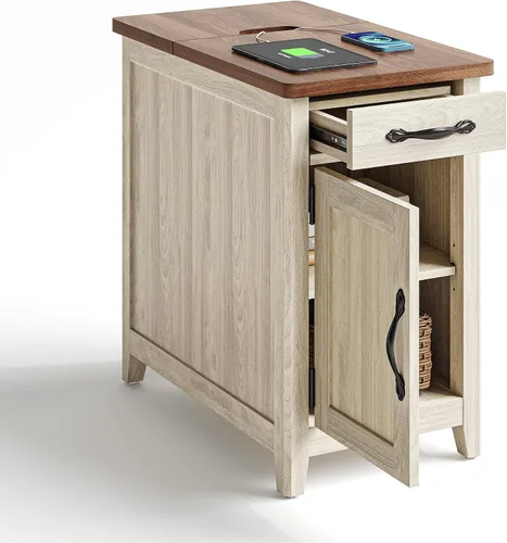 Vista 18 de LINSY HOME - Mesa auxiliar con estación de carga, mesa lateral para dormitorio con cajón y soporte desmontable, estante de almacenamiento con puerta