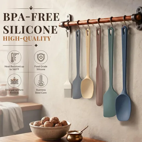 Vista 4 de Astercook Juego de espátulas de silicona de 6 piezas, espátulas de goma resistentes al calor de 560 °F con núcleo de acero inoxidable Morandi
