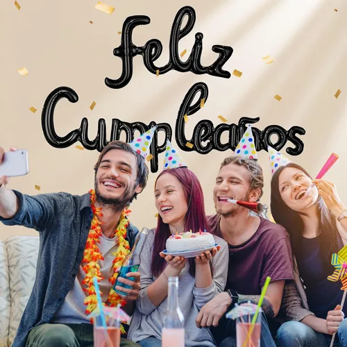 Vista 2 de ZHENGYE Globos Negros de Feliz Cumpleanos con Letras Pequeñas Conectadas Pancarta de Globos Globos de Feliz Cumpleaños Globos de Papel de Aluminio