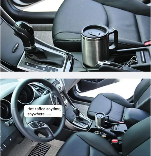 Vista 5 de Taza eléctrica para coche de 12V, taza con calefacción para automóvil, 450ml de acero inoxidable, taza eléctrica de viaje para café de 14oz. Taza