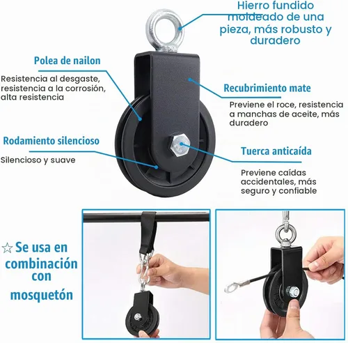 Vista 4 de SERTT Sistema de polea de gimnasio, rueda de polea giratoria de fitness con mosquetón de correa para colgar, bloque de polea giratorio para 1 unidad.