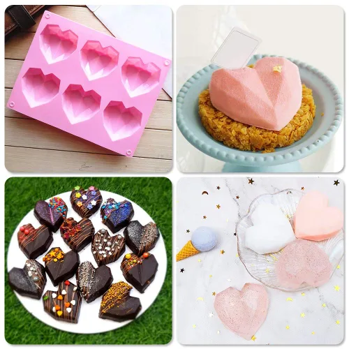Vista 4 de Molde de silicona con forma de corazón de diamante rosa pequeño para el día de San Valentín, 6 cavidades de fácil liberación en forma de corazón 3D