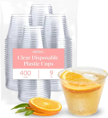 Vista 7 de Prestee Paquete de 50 vasos de plástico – Vasos desechables transparentes de 9 onzas para bebidas frías, cócteles y postres – Taza pequeña duradera