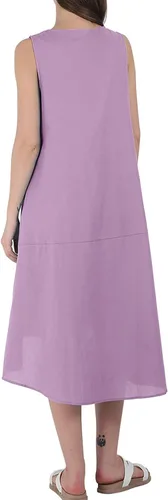 Vista 7 de utcoco Vestido casual de lino y algodón para mujer, cuello redondo, sin mangas, vestido midi para mujer