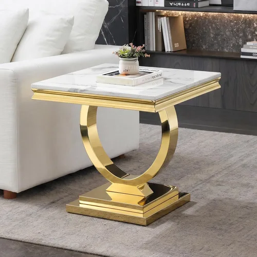 Vista 17 de Mesa de centro de mármol negro Henf de lujo, mesa auxiliar rectangular de mármol sintético de imitación con base de acero inoxidable dorado