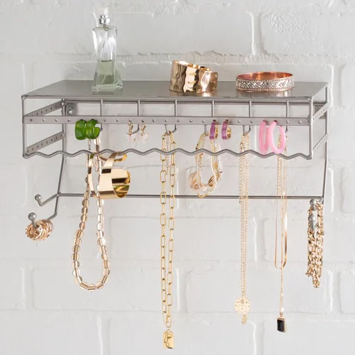 Vista 6 de Estante negro de 13.5 pulgadas para montaje en pared. Bastidor para guardar productos de joyería y accesorios Estante organizador para aretes