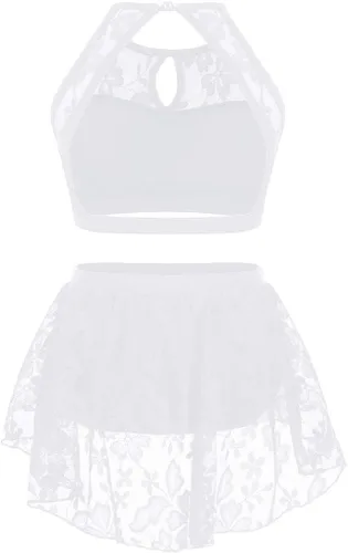 Vista 2 de JEATHA Kids Girls Ballet Dance Disfraces de encaje floral sin mangas Crop Top con falda Bottoms Leotardo Dancewear