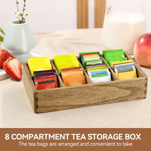 Vista 4 de KIRIGEN Organizador de bolsitas de té de madera con 8 compartimentos Caja de almacenamiento de madera que organiza bolsas de té, paquetes de azúcar
