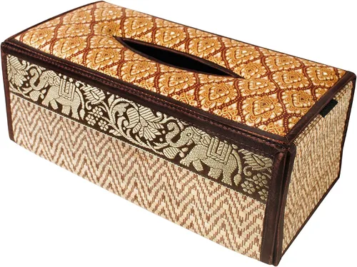 Vista 5 de Elegante estuche para caja de pañuelos hecho a mano con caña, 100% algodón, con funda de raso y dispensador, fabricado con materiales naturales B